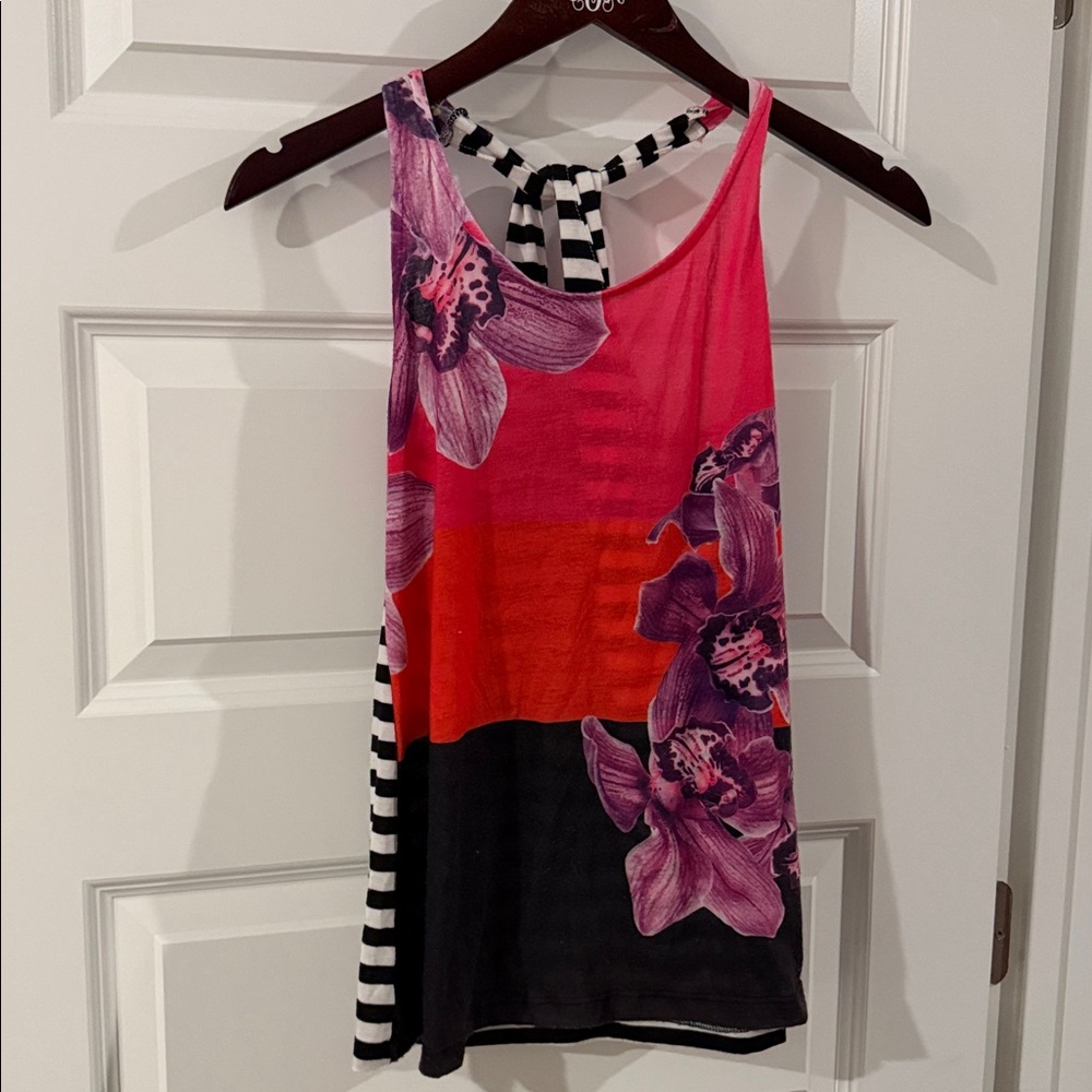 tropical flower color block striped tank top blouse w back keyhole cutout S